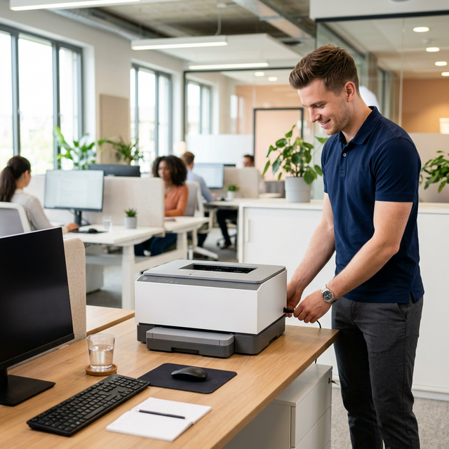 Technician setting up a printer in a modern office